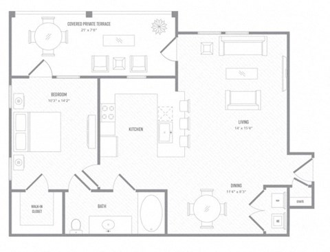 Floor plan for 1 bed, 1 bath, 841 sqft